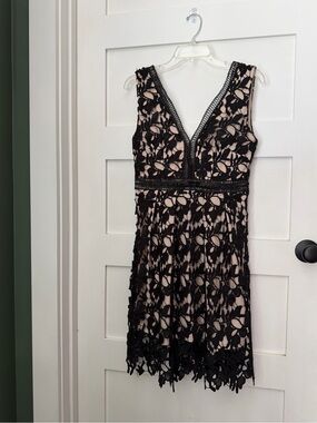 Romeo & Juliet Couture Black Lace Overlay Mini Dress with Nude Underlay
